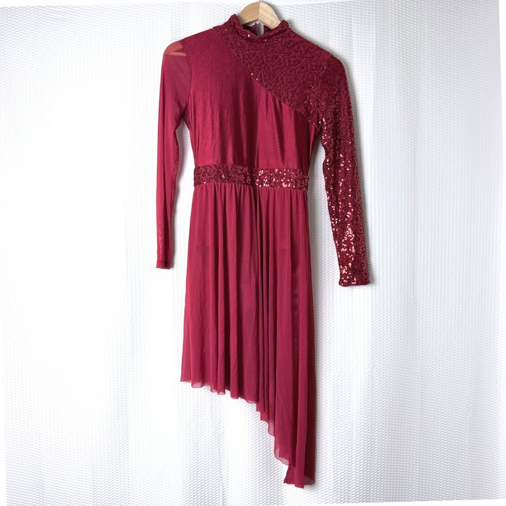 iEFiEL Lyrical Dance Dress Girls Small Red Sequin Asymmetrical Mesh NWT Flowy